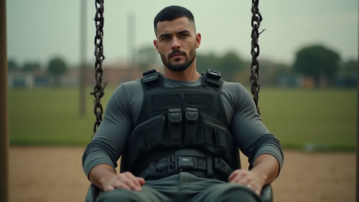 Image a center composition image of ,A 1boy, short dark hair, stubble beard, muscular build, strong jawline, wearing a black tactical vest, multiple magazine pouches, military-style belt, and dark gray cargo pants, sits on a swing, legs dangling. His thin long-sleeve shirt is slightly ruffled by the breeze. The shot is a center frame, focusing on the playground and the chains of the swing.,exterior,in the day