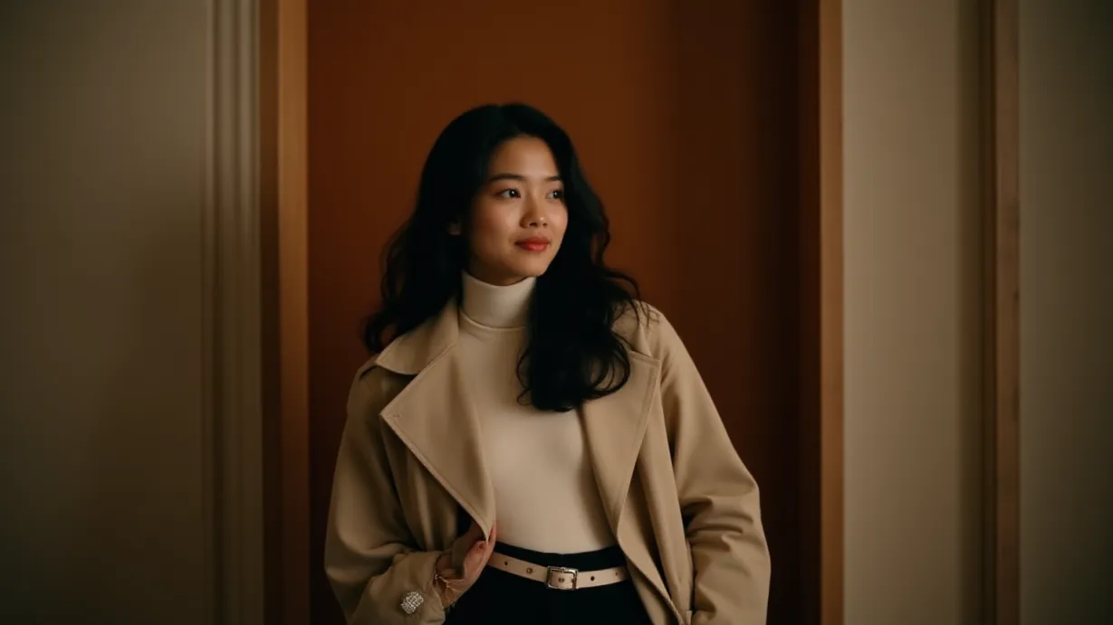 Image a balanced composition image of ,A sexy young_adult asian 1girl, with long black wavy hair, soft smile, and delicate features, pauses, her head turned, with a gentle smile on her face, in the warm-lit room. She wears a stylish oversized trench coat, layered over a cream-colored turtleneck sweater, cinched at the waist with a subtle belt and a minimalist buckle, emphasizing her figure and creating an a-line silhouette. Shes also wearing high-waisted black wide-leg pants, with a fashionable handbag slung over her shoulder. Silver bracelets glint subtly.,interior,in the night
