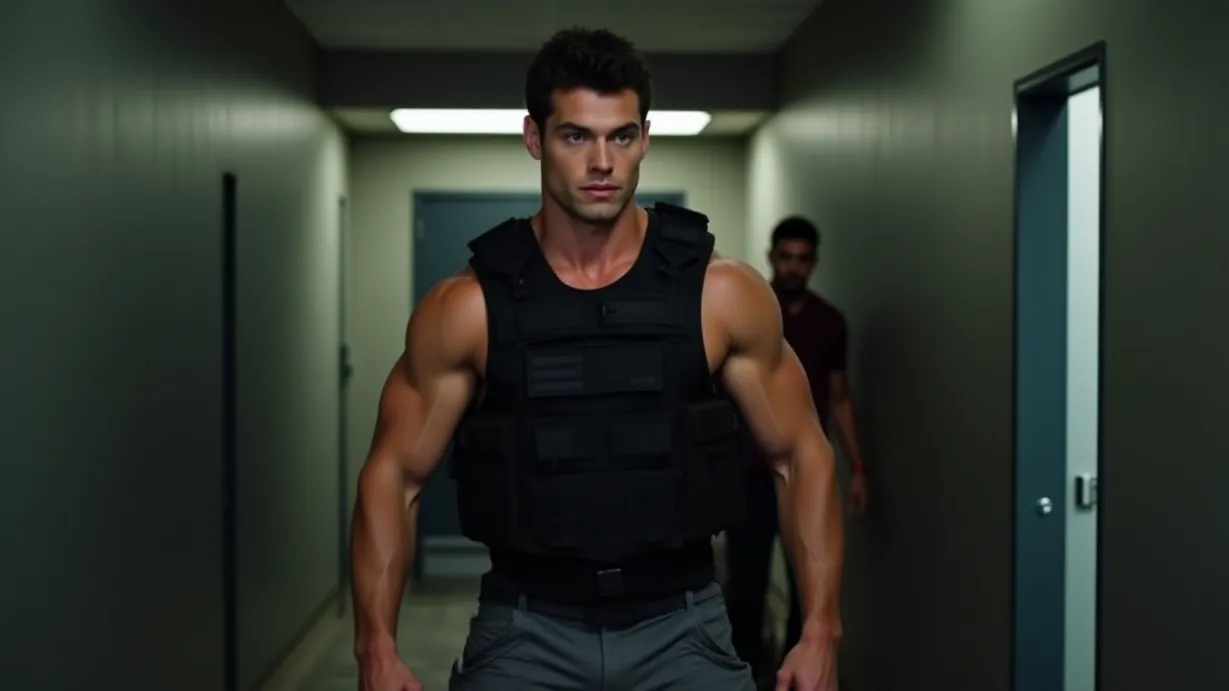 Image a balanced composition image of ,A 1boy, muscular build, short dark brown hair, intense blue eyes, determined expression, athletic physique, in a black tactical vest with multiple pockets, dark gray cargo pants, and a utility belt, shakes off someone, his face is stern and focused. He is standing in a room with echoing walls and a metal door. Other contestants are scrambling in the background.,interior,in the day