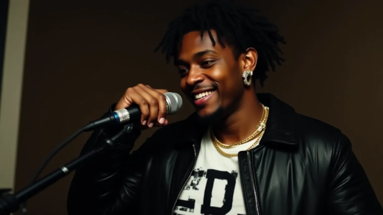 Image a center composition image of ,A sexy young adult black 1boy adjusts his microphone, eyes focused. He has black hair styled in short dreadlocks and a confident smirk. Gold chain and diamond earrings adorn his appearance. He wears a designer black leather jacket, open to reveal his muscular build, and a white graphic tee with a bold print. An expensive watch is visible on his wrist. The scene is set in the soundproofed recording booth.,interior,in the day