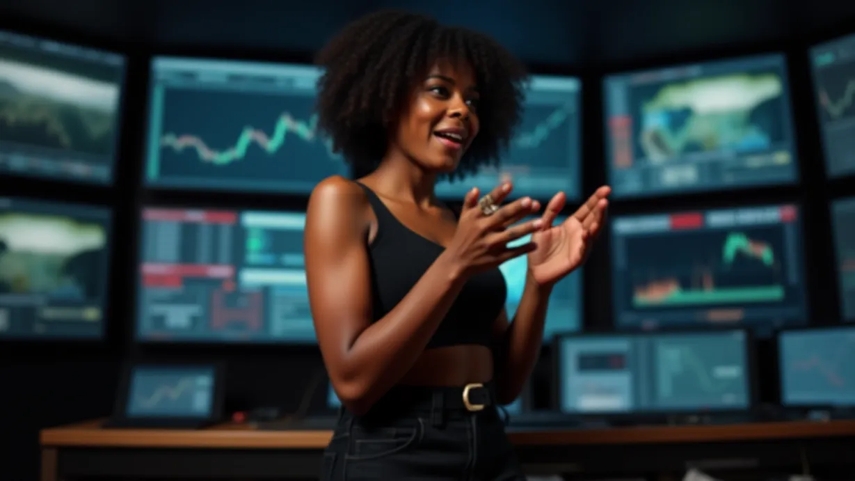 Image a balanced composition image of ,A sexy young_adult black 1girl, dark-skinned, short dark curly hair, piercing, confident expression, wearing a tank top and high-waisted black pants, a chunky belt, visible tattoos, is excitedly clapping her hands, in a studio control room, with multiple screens displaying streaming numbers. Close-up shot.,interior,in the day