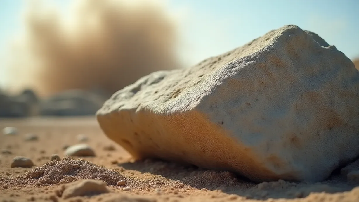 Image a balanced composition image of ,A close-up shot. The rough, gray surface of the boulder fills the frame, providing a stark contrast to the disturbed dirt ground. The impact of the mortar explosion creates a visible cloud of dust in the air.,exterior,in the day
