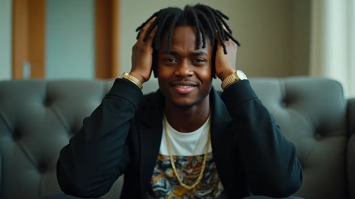 Image a center composition image of ,A young_adult black boy with short dreadlocks, a confident smirk, gold chain, diamond earrings, and an expensive watch, wearing a designer black leather jacket (open, revealing a muscular build) over a white graphic tee with a bold print. His face is contorted in a grimace, with tears tracing paths down his cheeks. The scene takes place in Dr. Martinezs office, with a gray couch and desk forming a blurred background.,interior,in the day