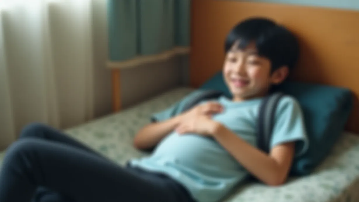 Image a balanced composition image of ,A sexy teenager asian 1boy with short black hair and a smiling face. He is wearing a school uniform, adopting a casual pose, with a slim build. He is also wearing black pants and has a backpack slung over his shoulder. The boy is lying on the bed, eyes closed, with a hand gently placed on his belly, seemingly feeling tiny kicks. The scene takes place in a room.,interior,in the day