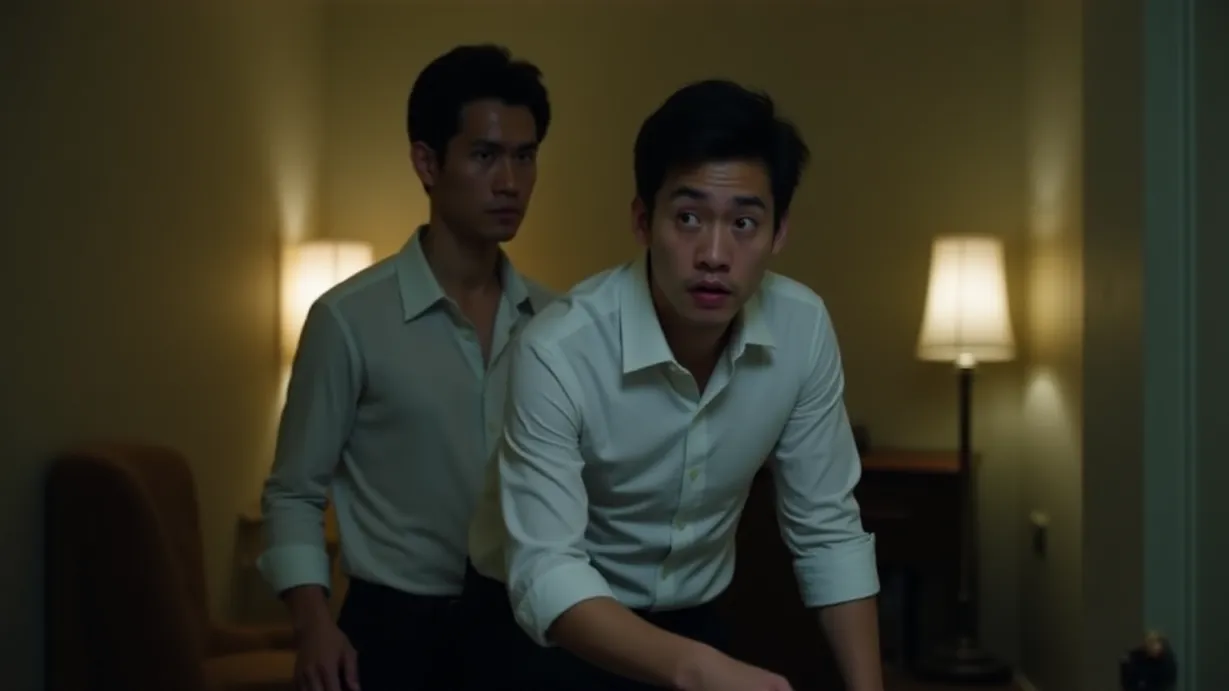 Image a left_heavy composition image of ,A man with black hair and a short haircut, of average build, wearing a white dress shirt and black slacks, and black dress shoes. His expressive eyes watch as the scene unfolds.,interior,in the day