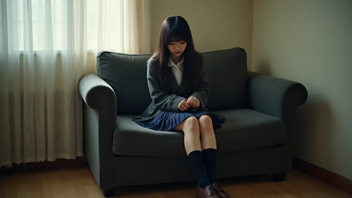 Image a balanced composition image of ,A sexy teenage asian 1girl sits in the far corner of the couch, pulling her knees up to her chest, in the living room. She is a high school student with long black hair, parted bangs, and pale skin. She has a slender build, wearing a slightly oversized dark gray school blazer and a white collared shirt underneath. She also wears a dark blue pleated skirt, black stockings, black socks, and brown leather school shoes.,interior,in the day