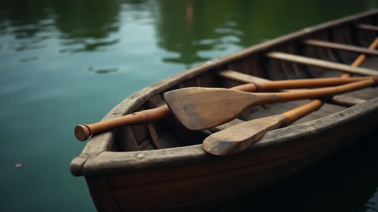 Image a balanced composition image of ,The wooden oars, weathered by time, rest silently on the medieval rowboat.,exterior,in the day