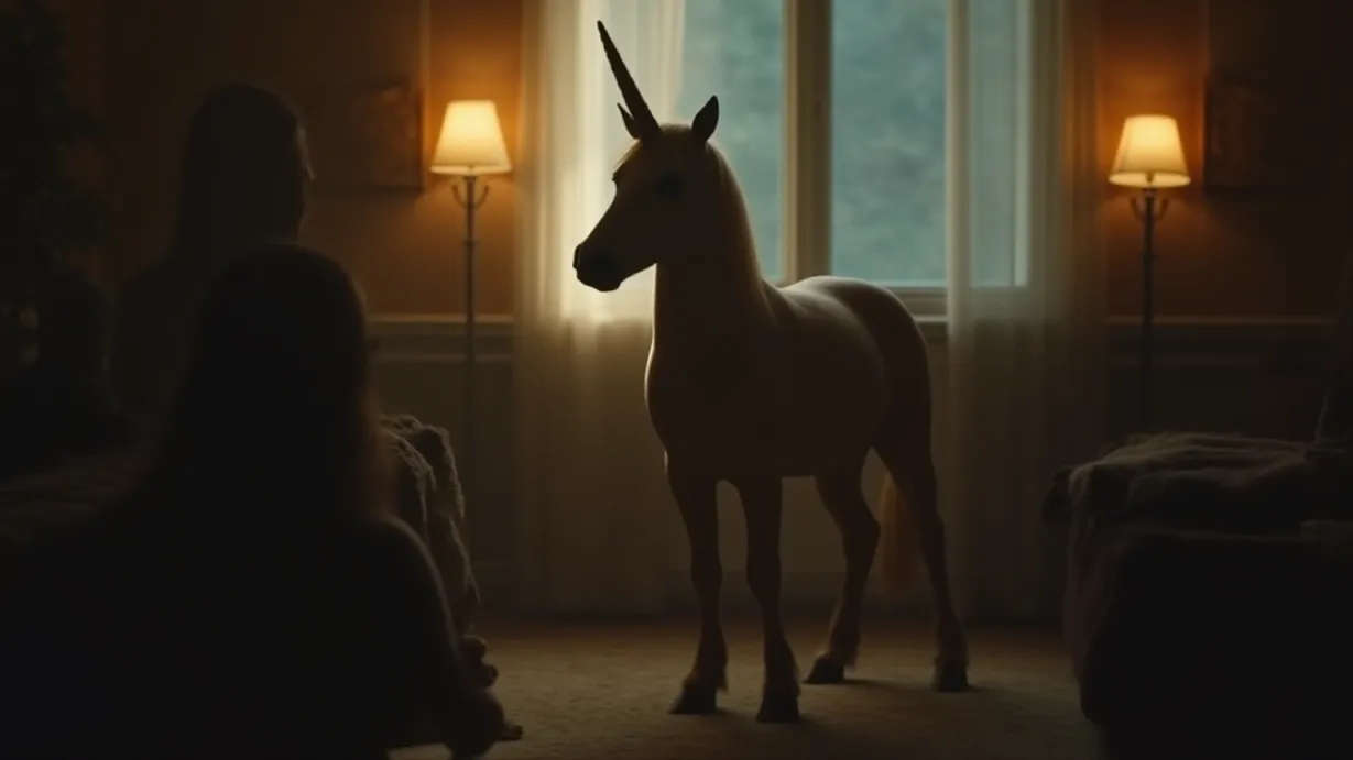 Image a balanced composition image of ,A pony stands slightly forward, her horn faintly glowing, in a medium shot. She is addressing the group in a concerned manner. The scene is set inside a room, where a soft blanket lies on the floor.,interior,in the day