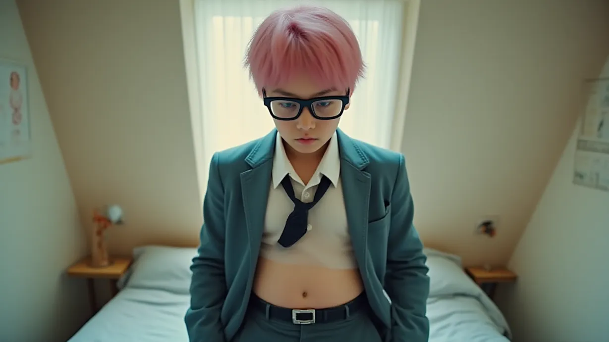Image a center composition image of ,A teenage boy with pink hair, neatly styled, and glasses, wearing a modified loose-fit high school uniform blazer and school uniform pants with a black belt, has a tense face, his eyes slightly narrowed as he concentrates, revealing a pregnant belly, set in a brightly lit bedroom. Close-up shot.,interior,in the day