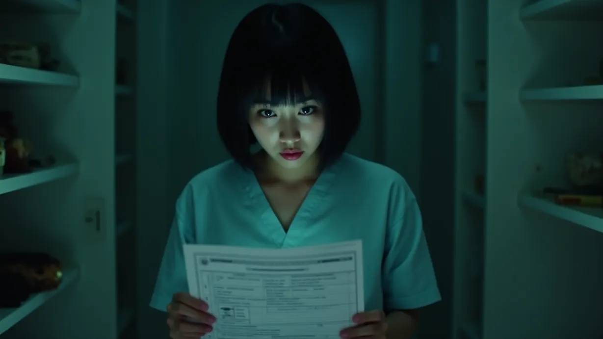 Image a center composition image of ,A sexy young_adult asian 1girl, short black hair, wearing a hospital gown, and a slim figure. Her eyes widen with an anxious expression, lips slightly parted, and a slight tremor in her hands as she reads a medical chart marked with a skull and crossbones. The setting is a narrow corridor lined with dusty shelves.,interior,in the night