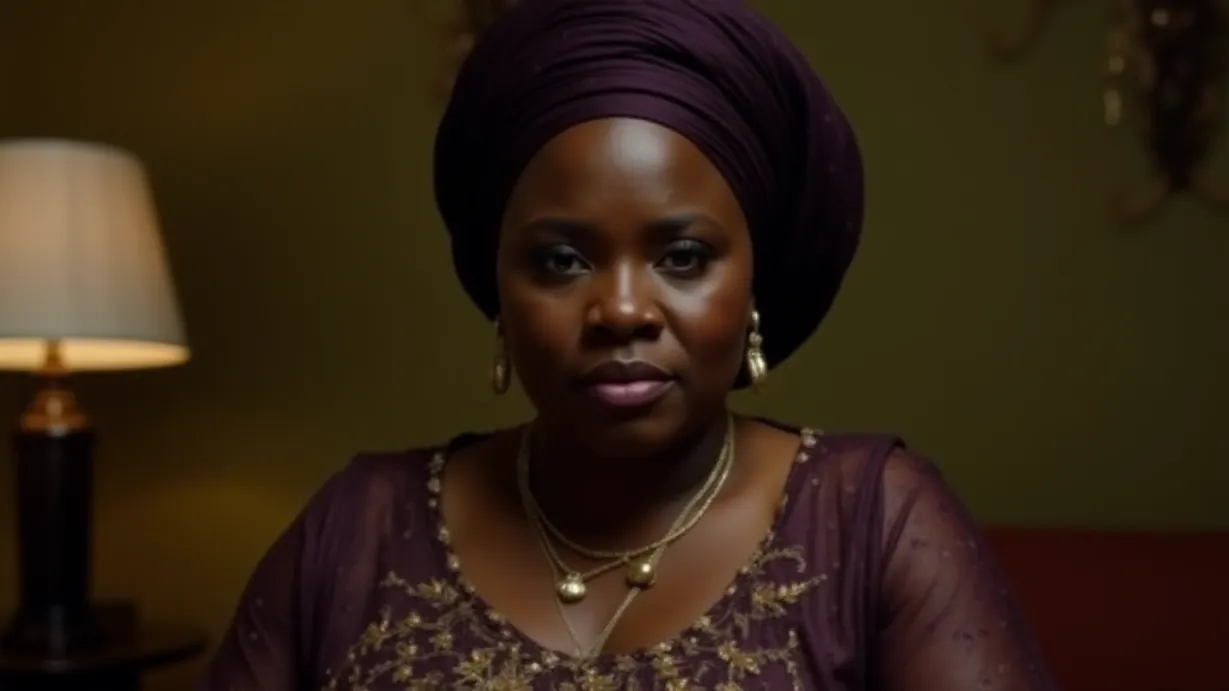 Image a center composition image of ,A close-up shot of a sexy middle-aged black woman. Her dark skin is accentuated by her plump figure and a confident expression. She wears traditional Somali garb, including gold embroidery and a dark purple headscarf. Gold jewelry adorns her. Her face is frozen, eyes scanning Kerem, with a slight, almost imperceptible, frown pulling at her lips. The background is the mansions living room.,interior,in the day
