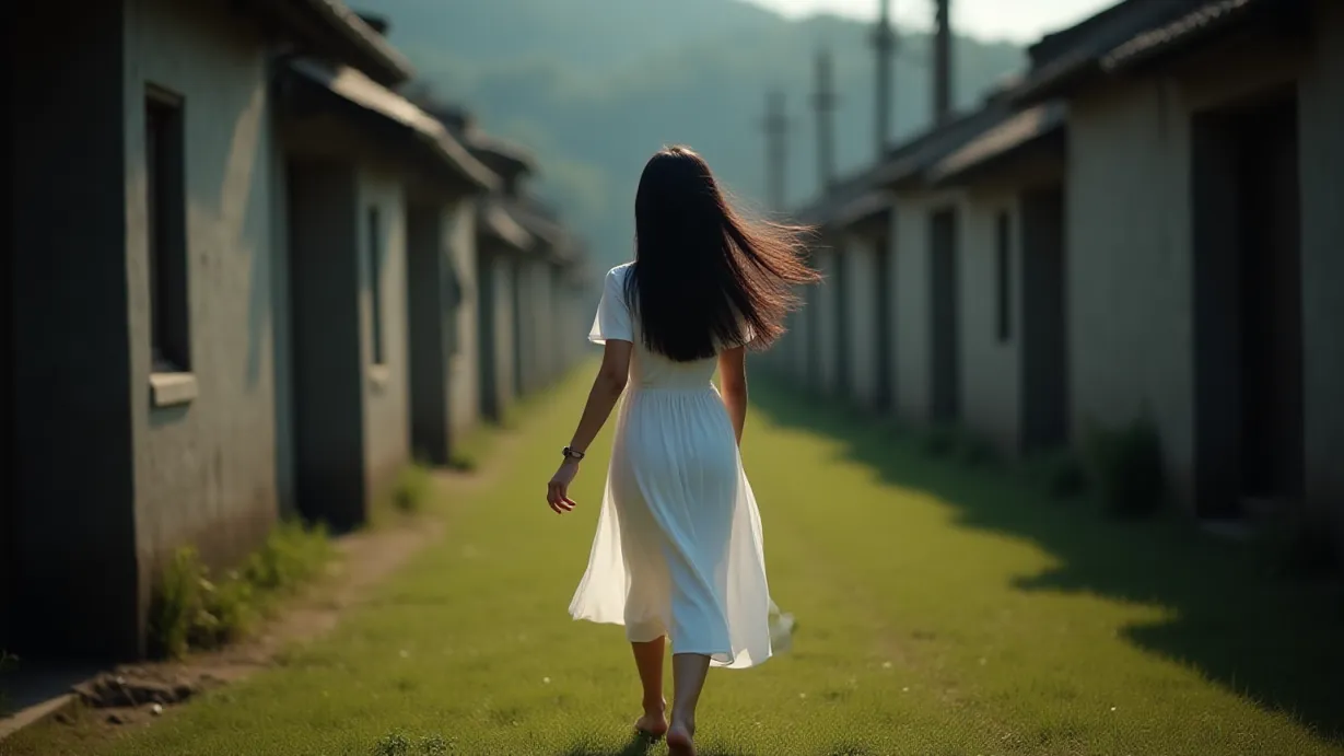 Image a balanced composition image of ,A sexy young_adult asian 1girl, young Korean girl with black long hair and a flowing hairstyle, slender build, delicate features, in a white flowing dress with a simple design and a cinched waist that emphasizes her silhouette. The young woman is barefoot, standing on grass with a gentle expression, and bare legs. Soft sunlight bathes her as she runs through a narrow alleyway. The cool, damp night air surrounds her, and the city sprawls out in the distance. Her graceful posture is evident.,exterior,in the night