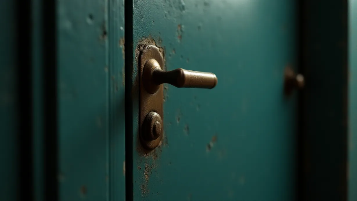 Image a balanced composition image of ,The scene presents a close-up of a worn, metal door, its surface marked with scratches and faded paint, under a dim, interior light.,interior,in the day