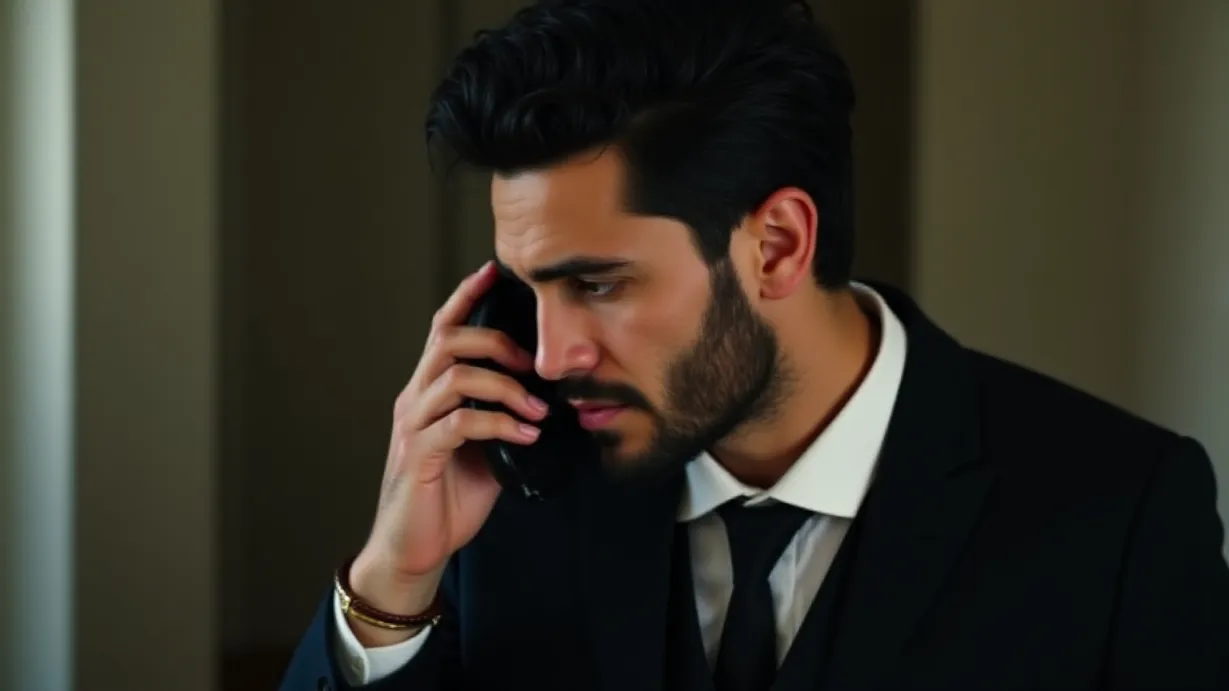 Image a balanced composition image of ,A 1boy with black hair and undercut, serious expression, and a well-groomed beard, with a scar on cheek, is holding the phone up to his ear, eyes focused, lips slightly pursed in a determined expression. He wears a bespoke black suit, silk tie, gold watch, a black suit jacket, white dress shirt, leather belt, dark trousers, and polished black shoes. The scene is in a small apartment near the school. ,interior,in the day