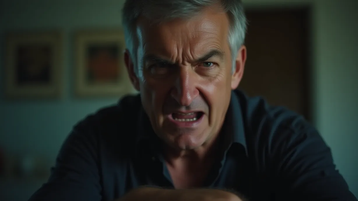 Image a center composition image of ,A close-up shot of a middle-aged mans face, tightly framed. His expression is one of intense anger and frustration. His eyes are narrowed, and his mouth is twisted into a snarl. The veins in his clenched hands are visible. He is wearing a dark-colored shirt. The background is blurred, suggesting a chaotic environment.,interior,in the day