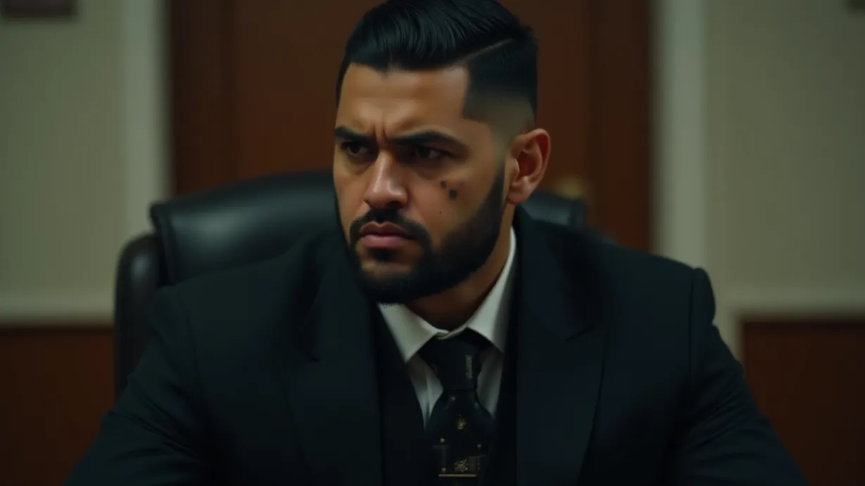 Image a center composition image of ,A sexy young_adult black 1boy and 1man with black hair undercut, a serious expression. He has a well-groomed beard and a scar on his cheek. He has a powerful build and is wearing a bespoke black suit with a silk tie and a gold watch. He is also wearing a black suit jacket, a white dress shirt, a leather belt, dark trousers, and polished black shoes. His face is set with a grim expression, his eyes narrowed and lips pressed together tightly. The scene is framed by the office setting.,interior,in the day