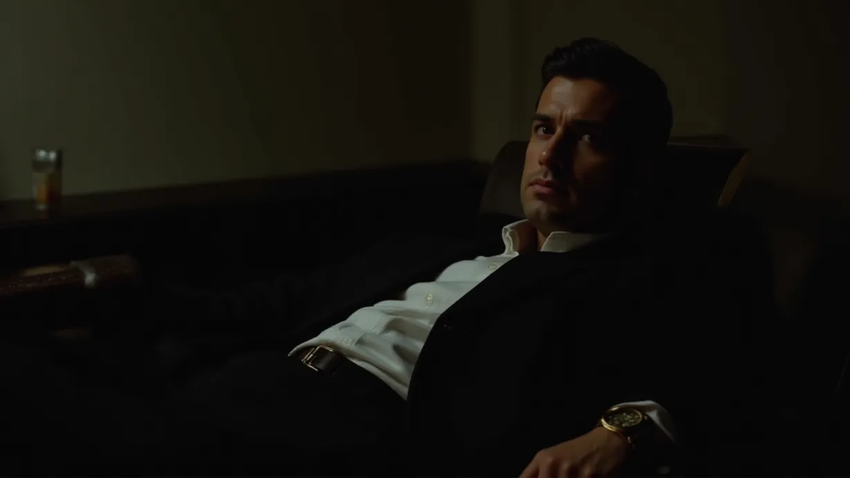 Image a balanced composition image of ,A sexy mid_adult man leans back in his chair, his eyes narrowed, the dim lighting casting shadows across his stern face and strong jawline, in a dimly lit office. He is wearing a well-fitted black suit, gold watch, white shirt, dark tie, polished black shoes, black dress pants, and a leather belt. His dark hair is slicked back.,interior,in the day