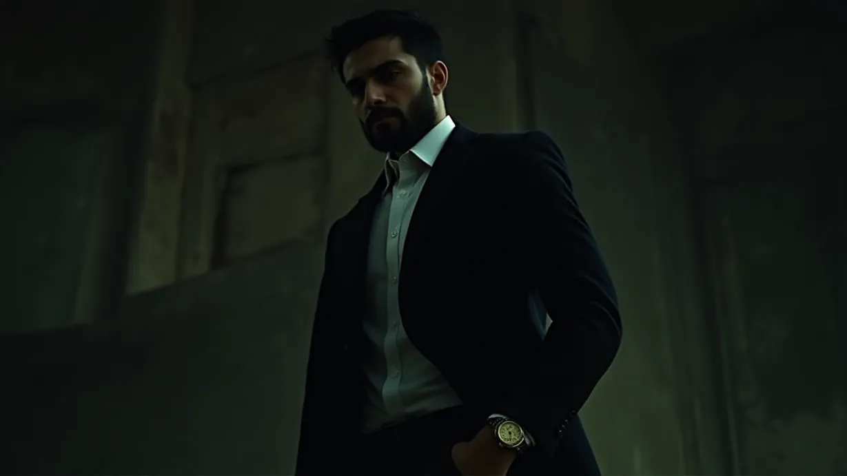 Image a balanced composition image of ,A sexy young adult 1boy and, 1man, black hair, undercut, serious expression, well-groomed beard, scar on cheek, powerful build, bespoke black suit, silk tie, gold watch, black suit jacket, white dress shirt, leather belt, dark trousers, polished black shoes, dark trousers, sharp crease, expensive fabric, tailored fit. The man stands outside the abandoned warehouse, his figure silhouetted against the dim light. The exterior of the warehouse looms in the background, its dilapidated state hinting at the clandestine operations within.,exterior,in the night