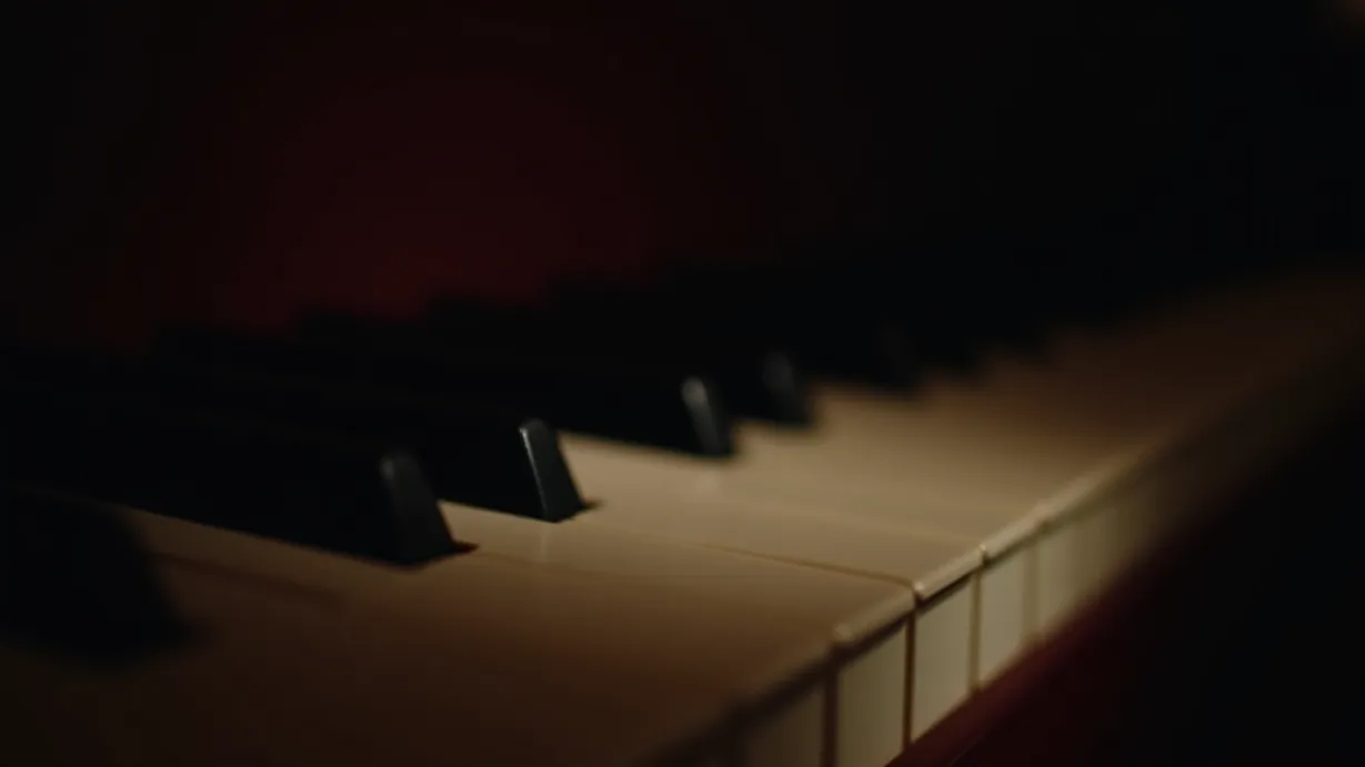 Image a balanced composition image of ,A spotlight illuminates the piano keys, each one a perfect ivory rectangle, reflecting the glow, in a dimly lit theater.,interior,in the night