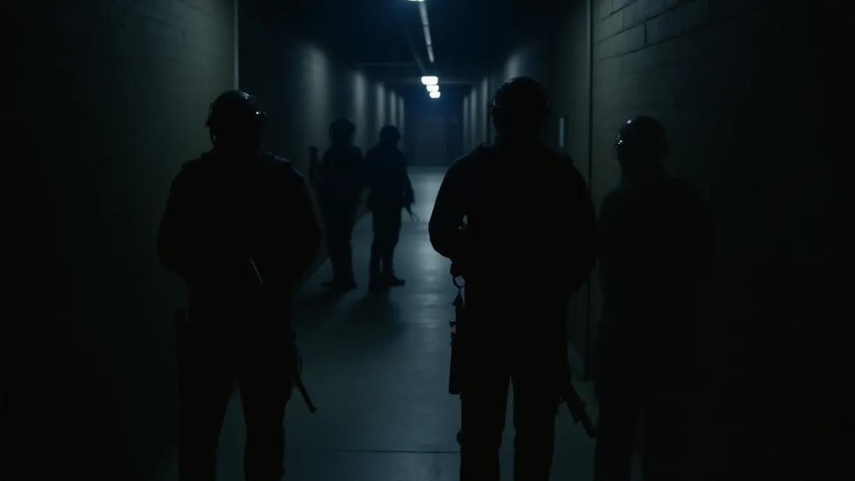 Image a balanced composition image of ,The lieutenants stand armed and ready, their eyes fixed on the warehouse. The dark corridors of the warehouse stretch behind them, and the side door, slightly ajar, is visible in the distance.,interior,in the night
