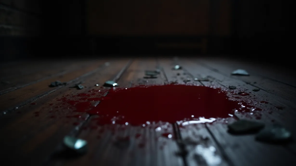 Image a balanced composition image of ,A pool of blood stains the wooden floor, reflecting the dim light, amidst scattered shards of broken glass.,interior,in the night