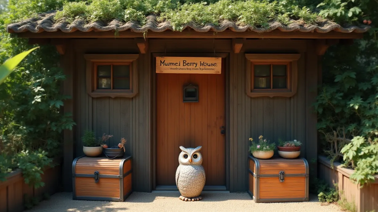 Image a balanced composition image of ,An owl sculpture stands centered, with a wooden door labeled "Mumei Berry House made by Polka". Above, a sign rests atop three chests, inscribed with the words "Dear Mumei! Ive built a villa! Feel free to add more berries".,exterior,in the day