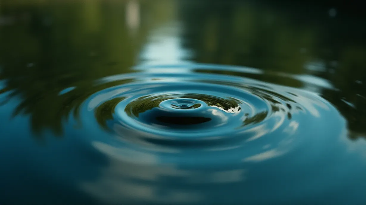 Image a center composition image of ,The waters surface reflects a distorted image, and the lower portion of the reflection begins to rotate in a circular motion.,exterior,in the day