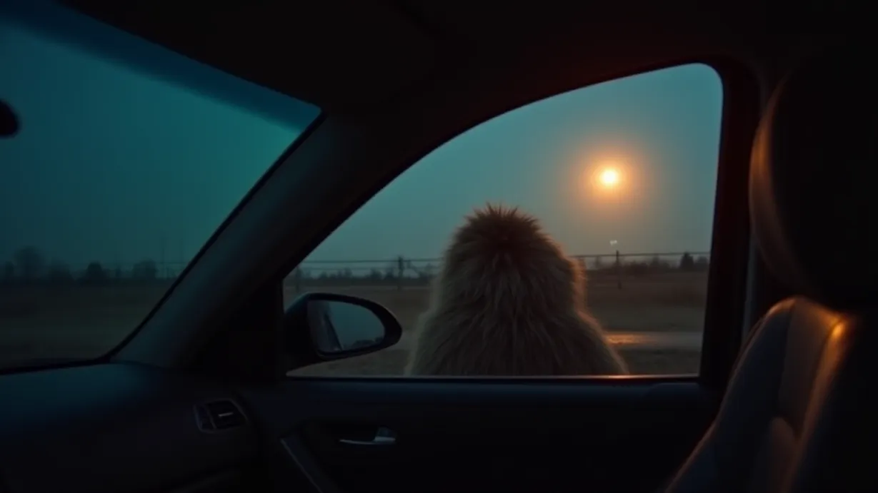 Image a center composition image of ,A close-up shot of the Car. The Car is backing away from the window, fur standing on end, illuminated by the moonlight. The Cars clothing is not mentioned in the description, please do not specify it.,interior,in the night