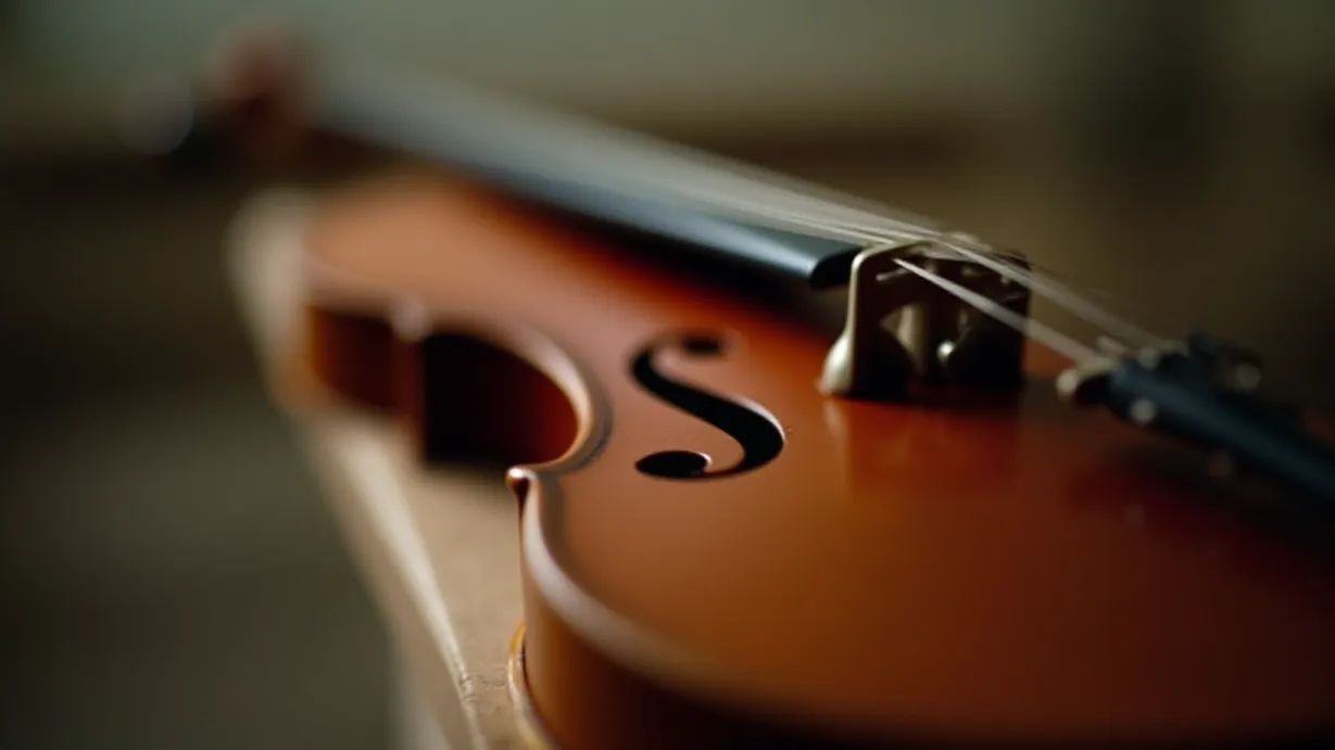 Image a balanced composition image of ,Close-up shot focusing on the polished wooden surface of a violin. The violin reflects the soft glow of the classroom lights, its strings perfectly taut and gleaming.,interior,in the day