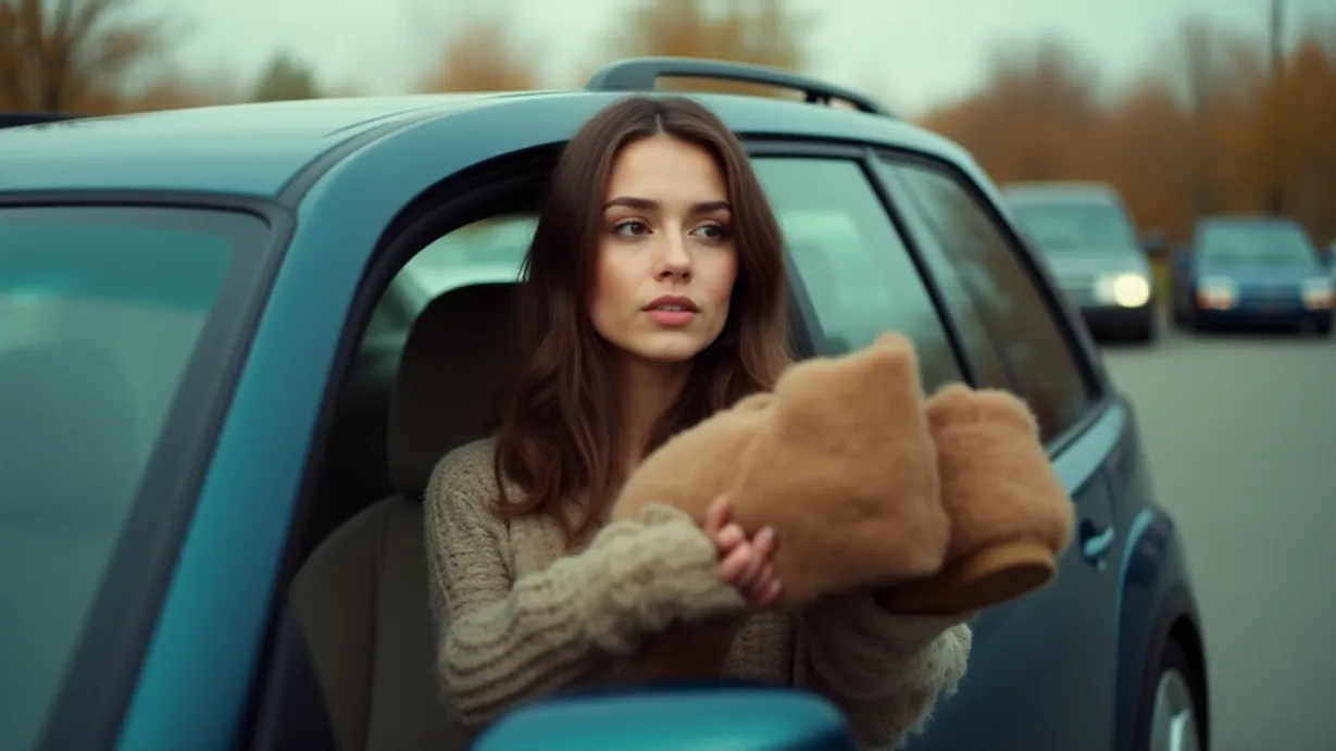Image a center composition image of ,A young woman, with a mischievous glint in her eye, opens her car door. The Uggs are tossed inside. The scene is set in a parking lot, with cars visible. This medium shot focuses on the upper body.,exterior,in the day