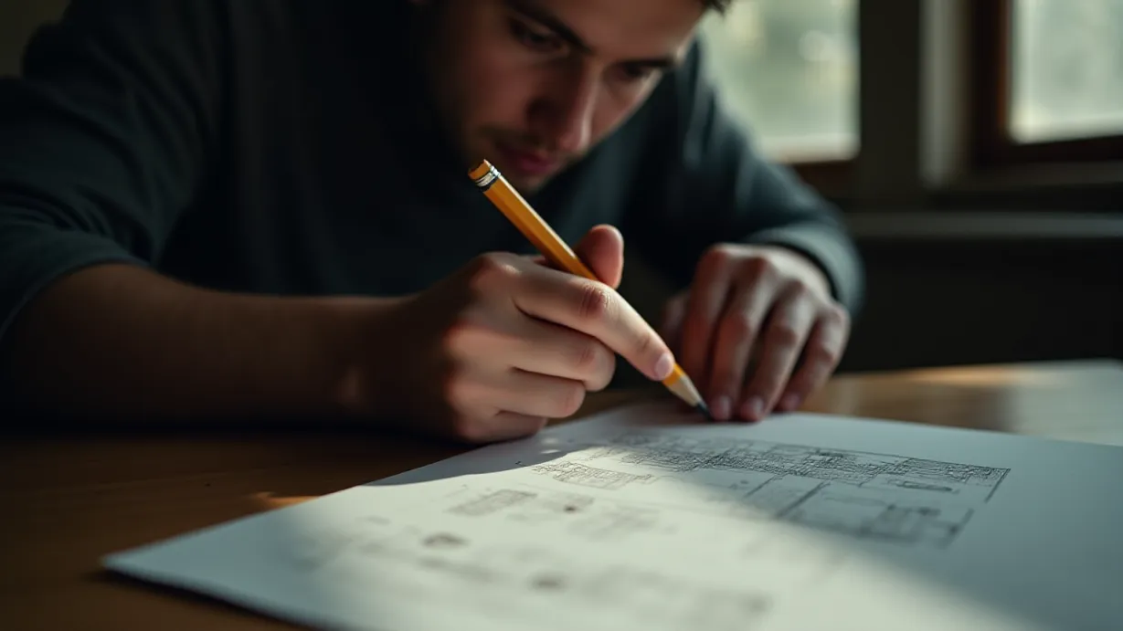 Image a balanced composition image of ,A young man, in a close-up shot, intensely focused. His knuckles are white as he grips a pencil, meticulously copying drawings onto a piece of scratch paper. The scene takes place in a quiet corner of the library with windows. He is wearing clothing.,interior,in the day