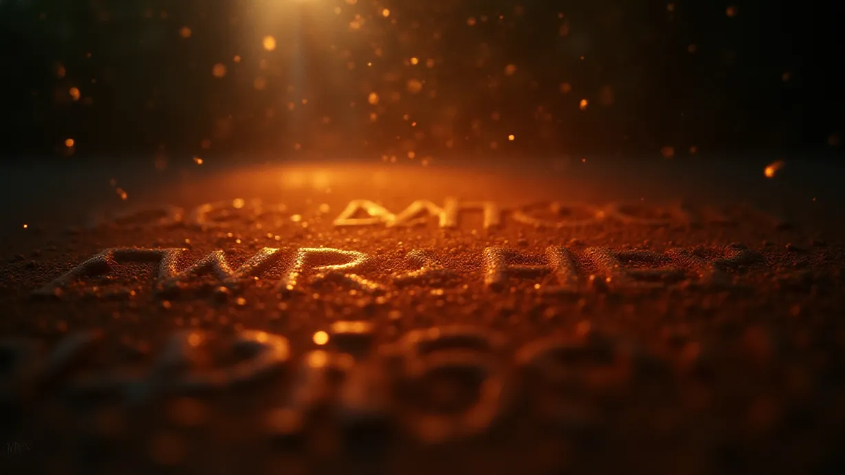 Image a balanced composition image of ,The lyrics "Brother, brother, we were born of dragon fire, we died of dragon fire" float in the air, each word individually and clearly visible, like shimmering dust particles.,interior,in the day