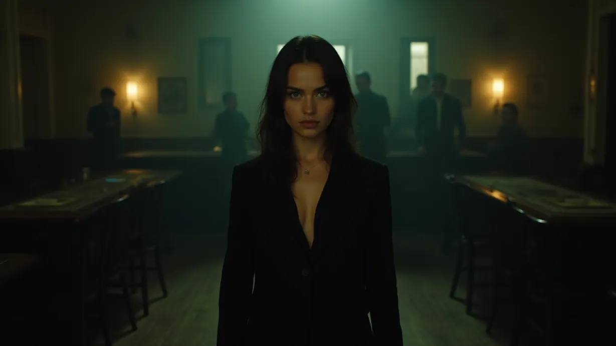 Image a center composition image of ,A young woman stands firmly, her green eyes focused. The scene is set in a smoky gambling den, with tables and a wooden floor. In the background, the den owner and his guards are visible.,interior,in the night