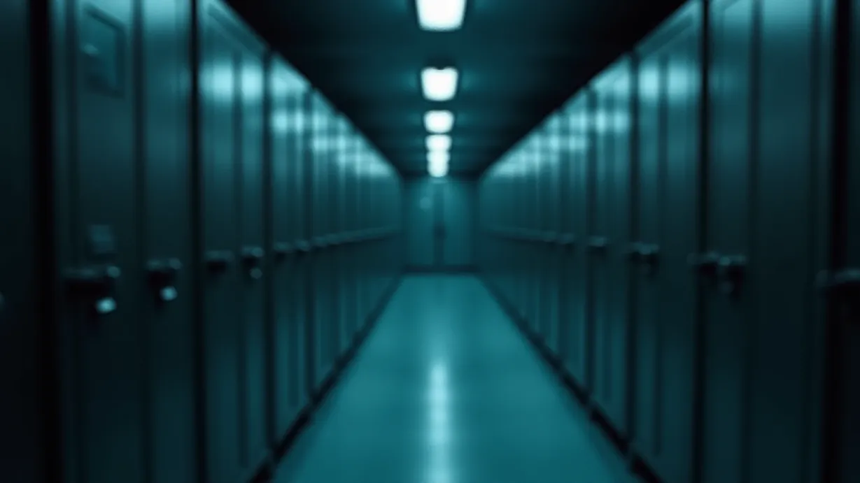 Image a balanced composition image of ,Rows of cold, metallic storage units stretch into the distance, their surfaces reflecting the dim light of the morgue. The scene is dominated by the repeating pattern and the sterile environment.,interior,in the night