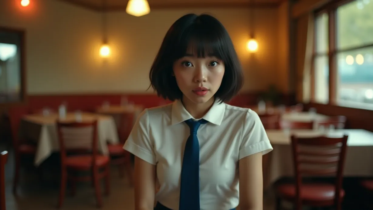 Image a center composition image of ,A sexy teenager asian woman with hourglass figure and, 1girl, high school student, short black hair, timid expression, wearing a neatly pressed school uniform, white shirt, blue skirt, black stockings, Mary Jane shoes looks. Her eyes widen, and her lips are slightly parted in surprise, illuminated by the soft light of the Italian restaurant. The shot is a center framing.,interior,in the day