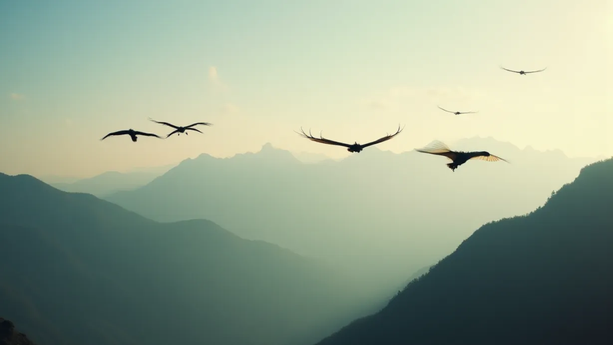 Image a balanced composition image of ,Dragons soar across the vast expanse of the sky, their forms silhouetted against the backdrop of the mountains. ,exterior,in the day