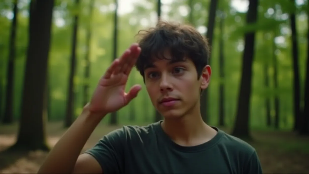 Image a balanced composition image of ,A teenage man nods solemnly, his expression reflecting the weight of the situation. Medium shot in a forest clearing, with dappled sunlight filtering through the trees. ,exterior,in the day