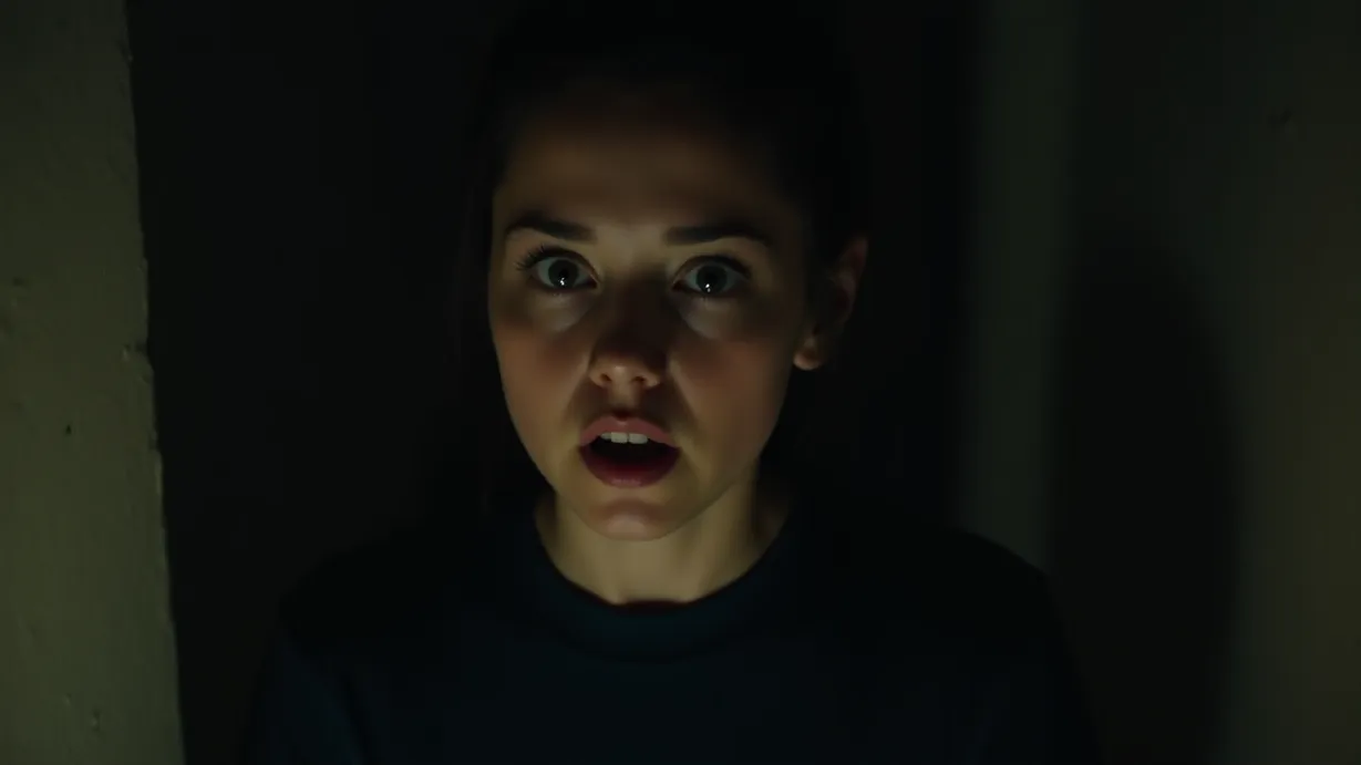 Image a center composition image of ,In a close-up shot, a young womans wide eyes dart around frantically, her gaze meeting mine. Her expression reveals a mix of fear and recognition within the dimly lit basement. The young womans clothing is visible.,interior,in the day