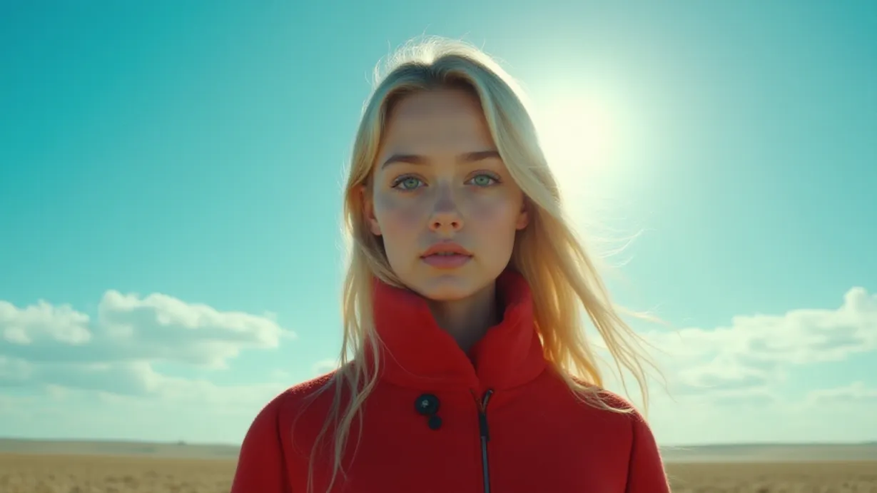 Image a balanced composition image of ,The sky, a vast expanse of blue, stretches across the frame, with the sun illuminating the clouds. A young woman with blonde hair and green eyes wearing a red cotehardie is visible.,exterior,in the day