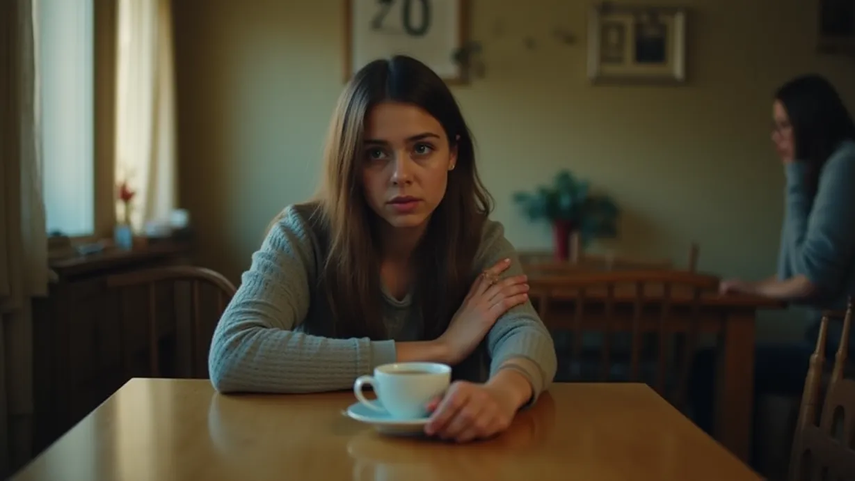 Image a balanced composition image of ,A young woman appears at the side of the table, her face revealing a combination of worry and inquisitiveness, seated in the place Allison had just left. The coffee cup sits in the center of the table.,interior,in the day