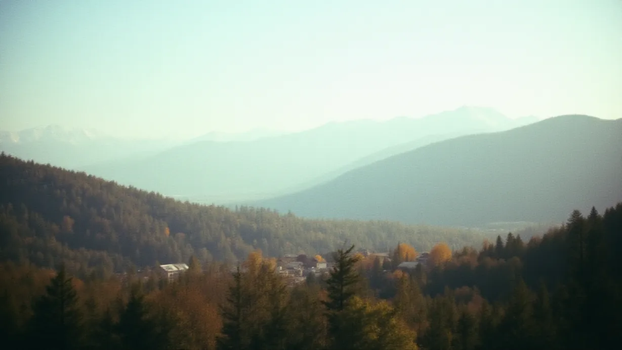 Image a balanced composition image of ,The camera captures a vast and serene landscape, focusing on distant buildings, trees, and towering mountains.,exterior,in the day