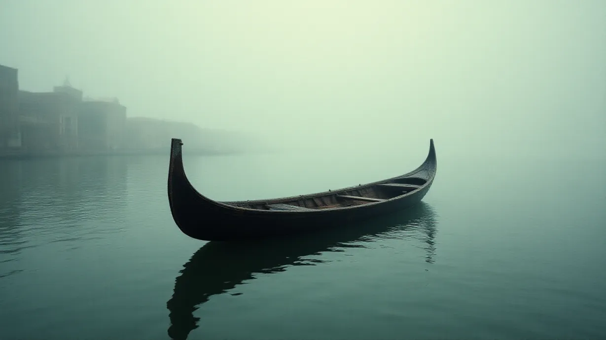 Image a balanced composition image of ,The medieval rowboat floats on the water, surrounded by nothingness.,exterior,in the day