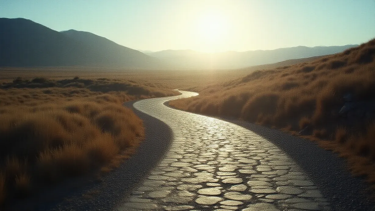 Image a balanced composition image of ,The road, a winding ribbon of stone, stretches endlessly toward the horizon.,exterior,in the day