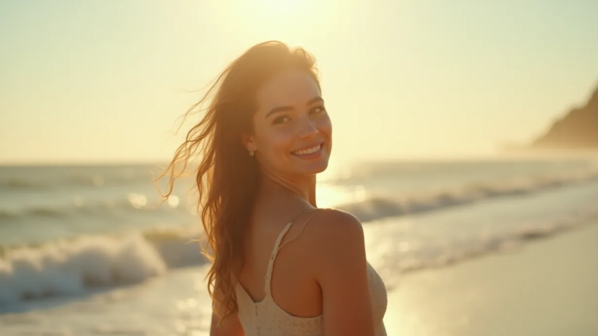 Image a balanced composition image of ,A young woman, silhouetted against a bright sky, stands on the beach where the waves crash. She glances back with a mischievous smile.,exterior,in the day