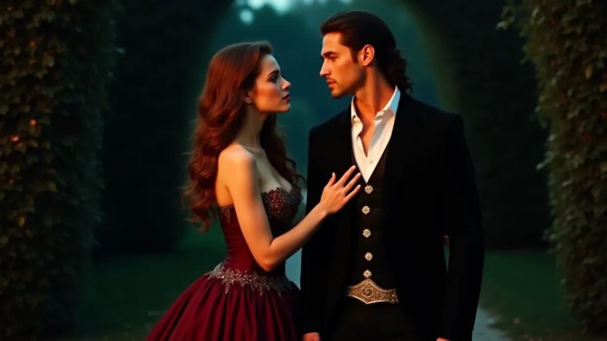 Image a center composition image of ,A sexy young adult white woman, with long wavy auburn hair and a determined face, wearing a burgundy ball gown with silver embroidery and a corset, steps closer to a sexy young adult white man with a muscular build, dark brown hair styled back, and sharp jawline, wearing a black tailored suit with silver accents and an ornate belt buckle. Her hands slide up his chest to rest over his racing heart. Her honey eyes glow in the moonlight, and her jasmine scent surrounds him as she tilts her face upward, lips parting slightly. The background is a secluded alcove surrounded by climbing roses, with a moonlit path.,exterior,in the night