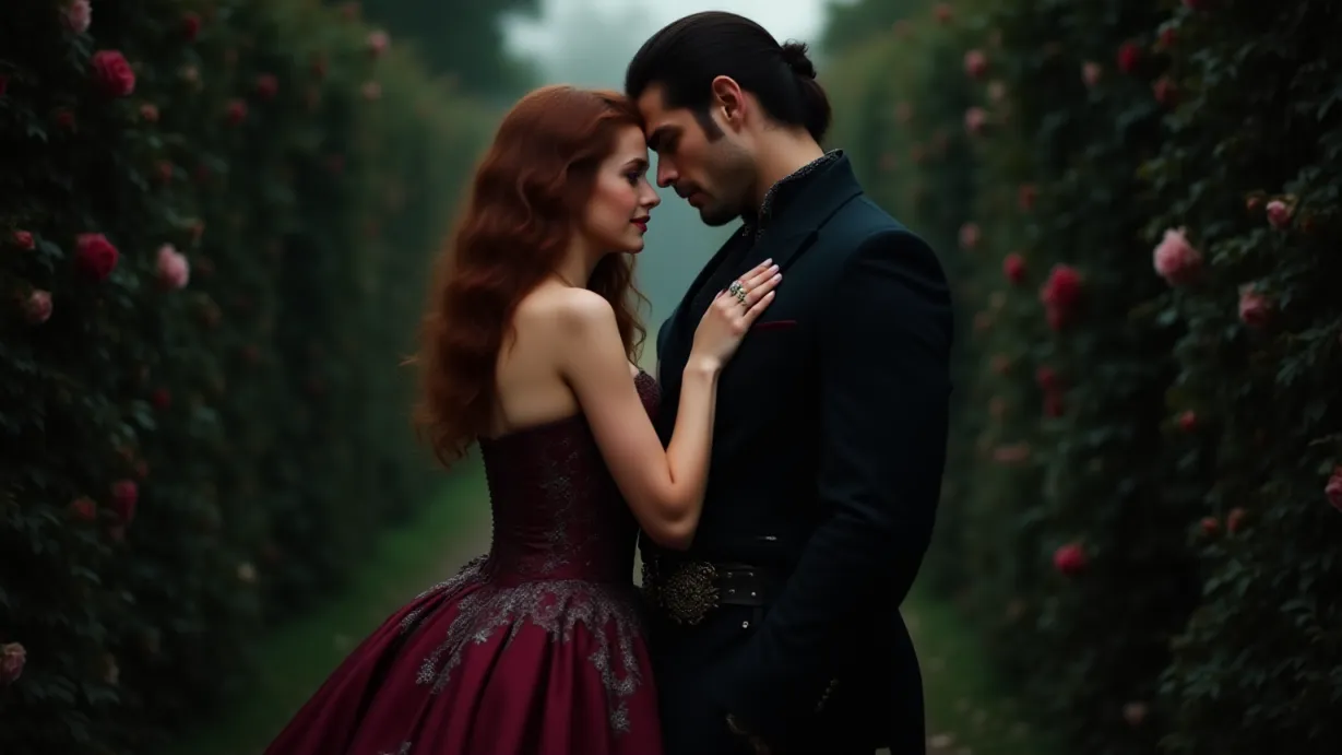 Image a center composition image of ,A center film shot featuring a young woman and a young adult man. The young woman has long wavy auburn hair and a determined face with a shy smile. She wears a burgundy ball gown with silver embroidery, a corset, and a flowing skirt. Her hands gently rest over the young adult mans chest, her eyes fixated on him. The young adult man is a white man with a muscular build, dark brown hair styled back, a sharp jawline, and intense eyes with a confident expression. He wears a black tailored suit with silver accents, an ornate belt buckle, and a strong posture. A werewolf symbol is on his ring. The scene is set in a secluded alcove surrounded by climbing roses, with a moonlit path as the backdrop.,exterior,in the night