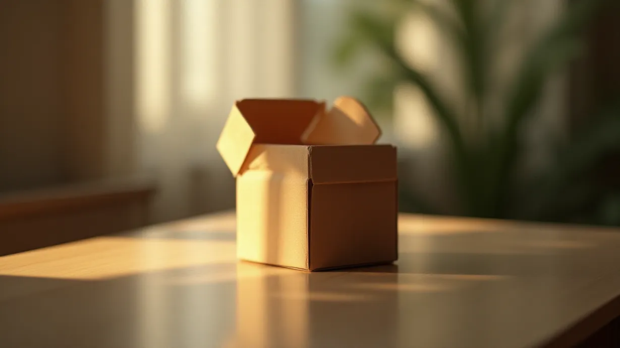 Image a balanced composition image of ,A small box rests on a table, reflecting the soft light. The box is slightly open.,interior,in the day