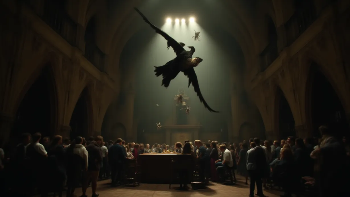 Image a balanced composition image of ,The Great Hall presents a scene of chaos: students, disoriented and confused, float near the ceiling. House tables morph into fantastical creatures: a dragon for Gryffindor, ravens for Ravenclaw, badgers for Hufflepuff, and snakes for Slytherin, all under the influence of the prank.,interior,in the day
