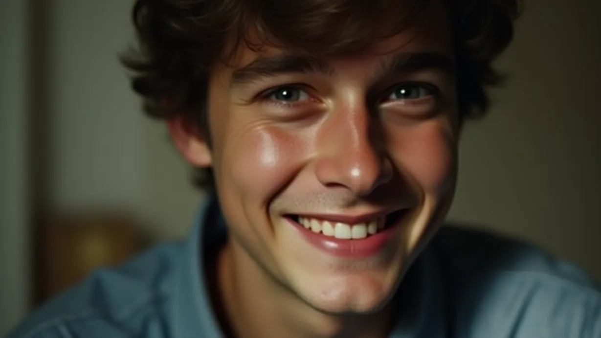 Image a balanced composition image of ,A young mans face is turned towards the camera in a close-up shot. His eyes are squinting slightly, and his lips are curled into a gentle smile. Soft light illuminates his face. He is wearing a shirt.,interior,in the day