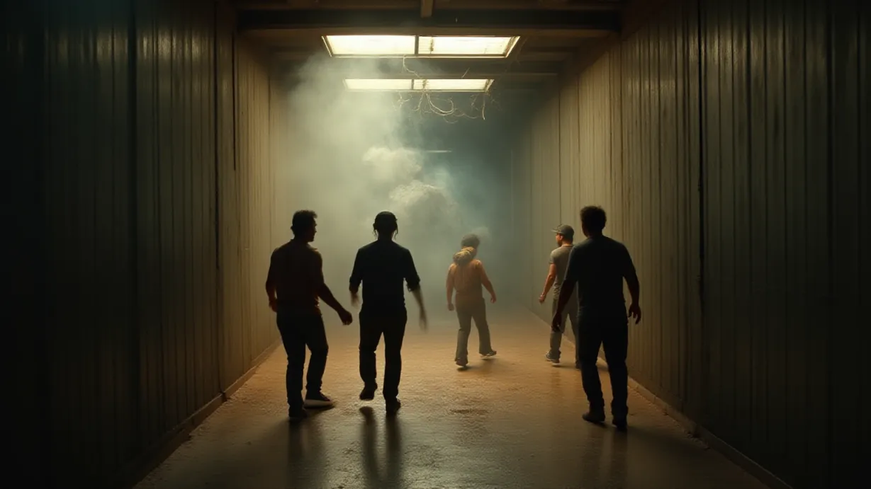 Image a center composition image of ,A creatures shell bursts through the pen wall in a wide shot. Several workers scramble backward, their faces contorted in surprise.,interior,in the day